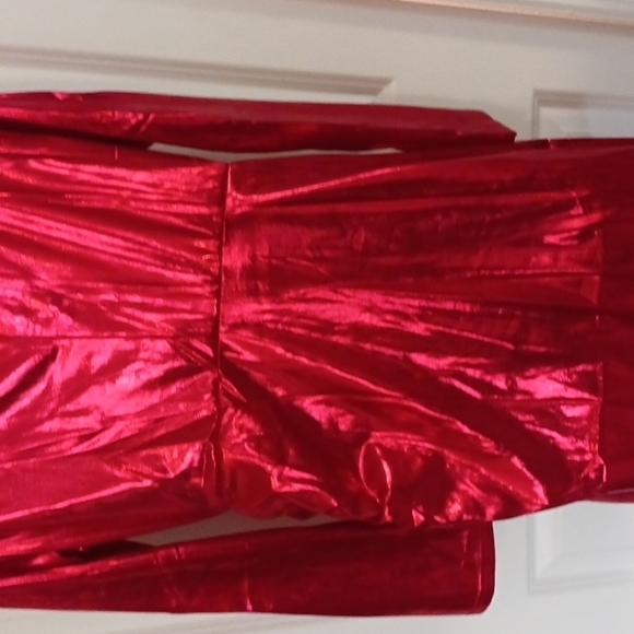 Nwot Y2kMettalic Red Mock Neck Ruched Dress. SIZE L. - Picture 12 of 13